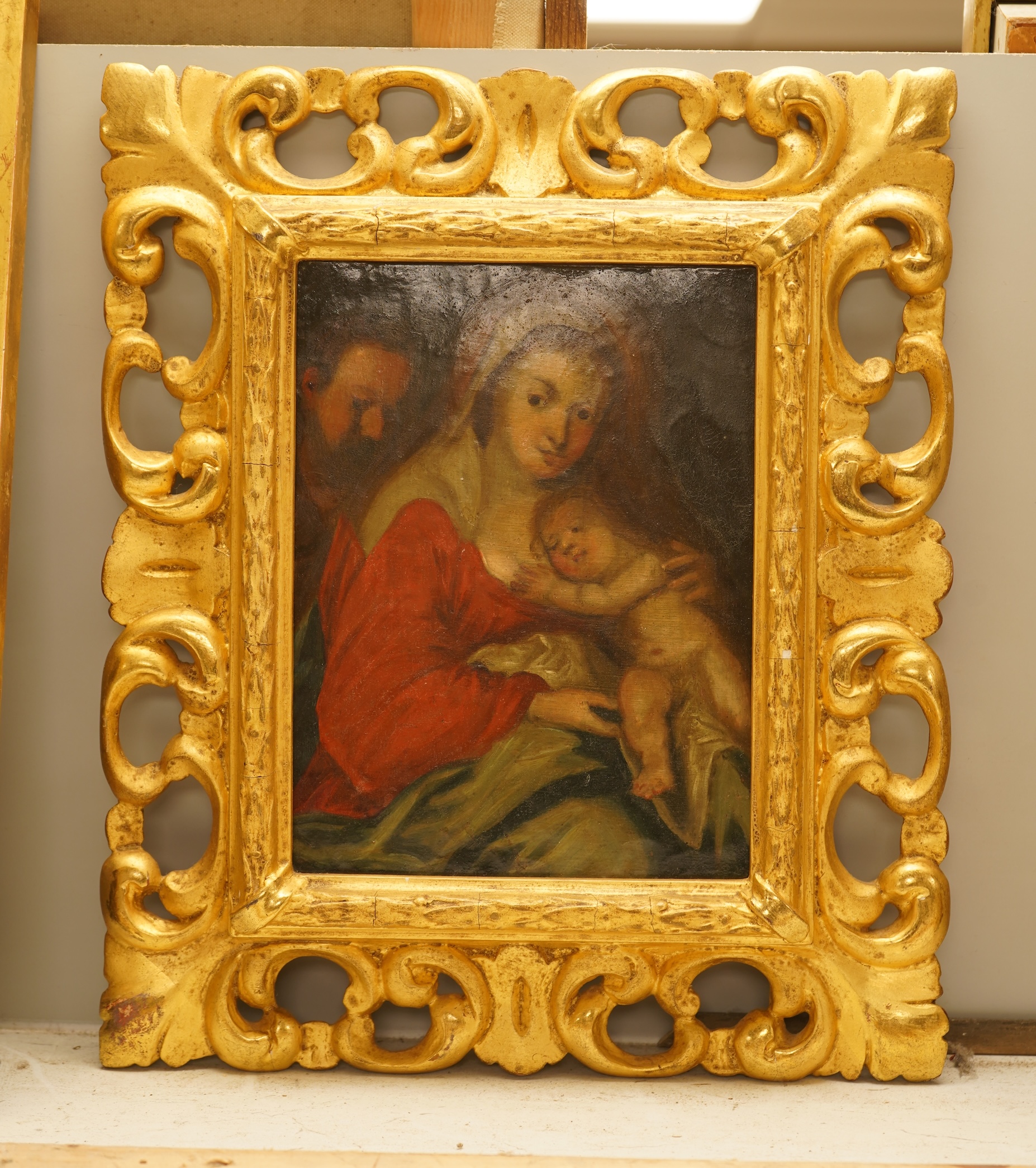 After Caravaggio (Italian, 1571- 1610), ‘The Holy Family’, Old Master style oil on copper panel, with ink inscription verso reading 'From the collection of the late Sir William Drummond Stewart, Murthly Castle’, 20 x 14.